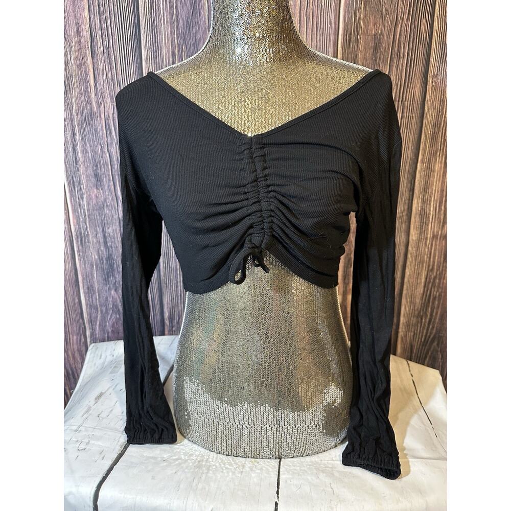 Deerose Black Cropped Top Size small Ruched Gathered Long Sleeve Blouse